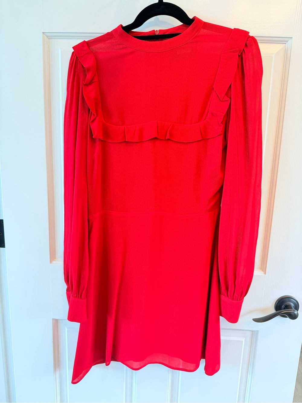 ✨FLATTERING FIT✨ Reformation Cherry Red Ruffle-Trim Long Sleeve Dress
